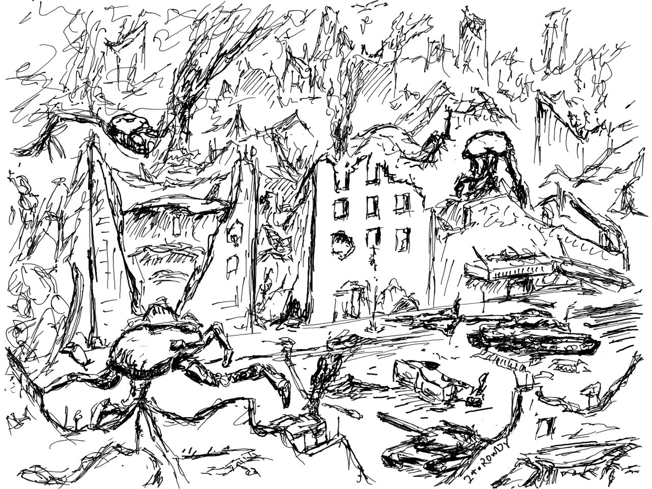 Two tanks and a large quadrupedal robot face off amongst the ruins of a city street. The facades of buildings have all collapsed. Two more robots prowl the wreackage in the background.